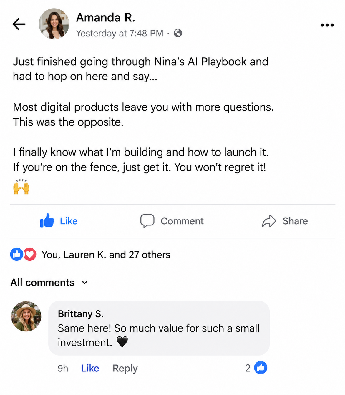 Facebook post from Amanda R. saying she finally knows what she's building