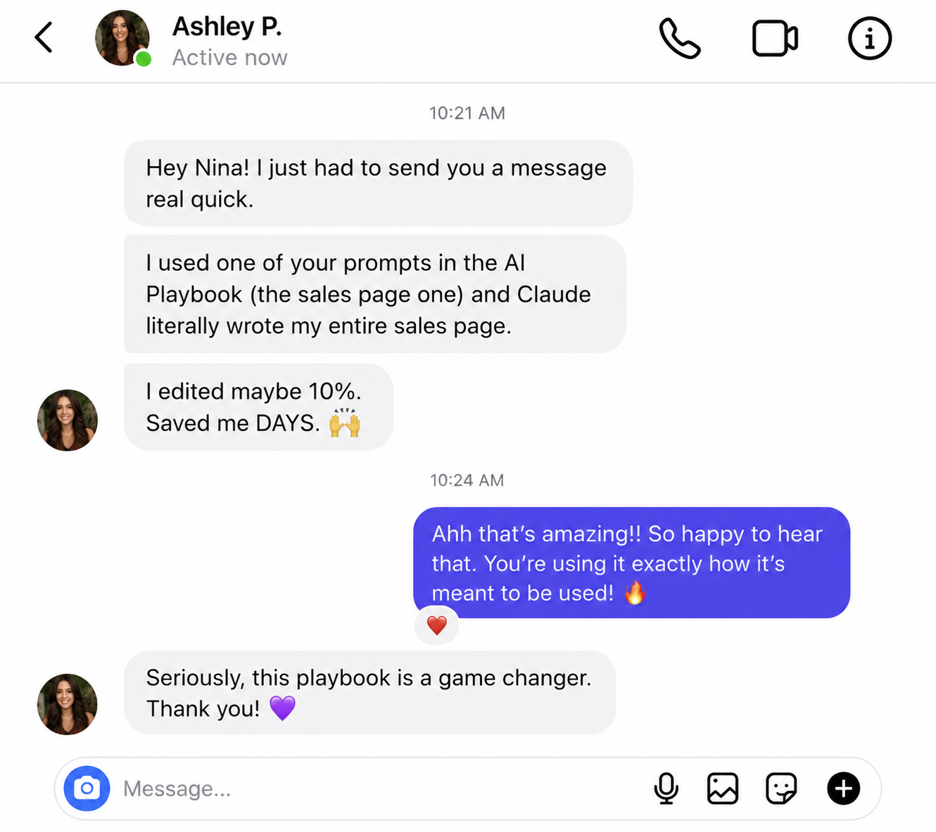 Messenger conversation with Ashley P. calling the playbook a game changer