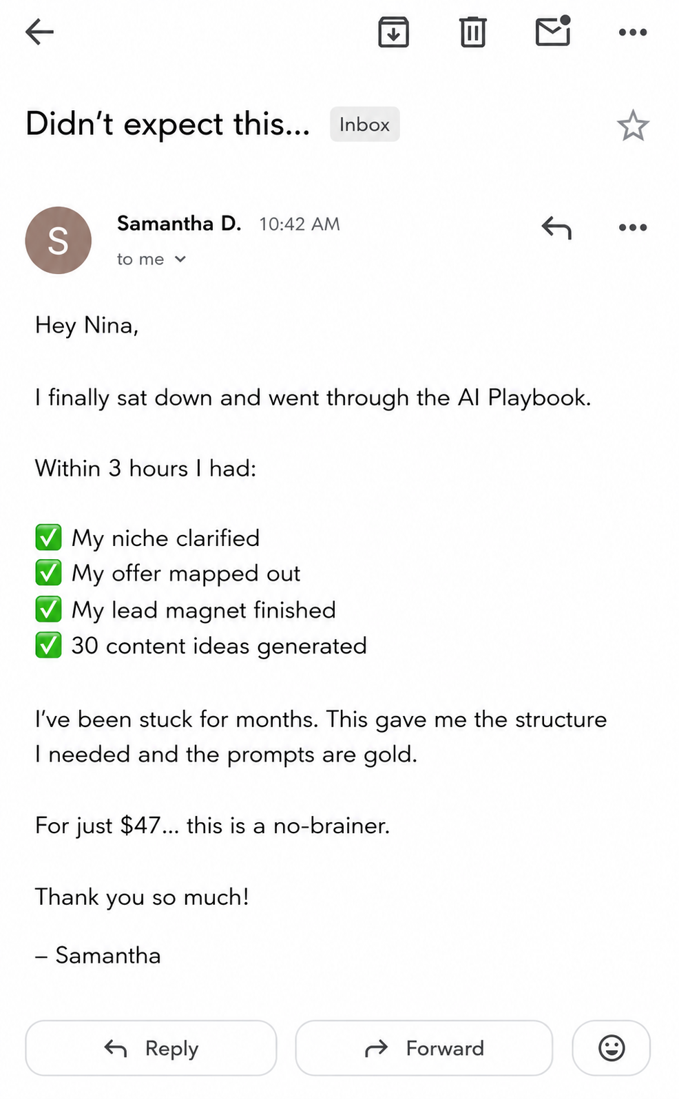 Email from Samantha D. detailing 4 wins in 3 hours after the AI Playbook