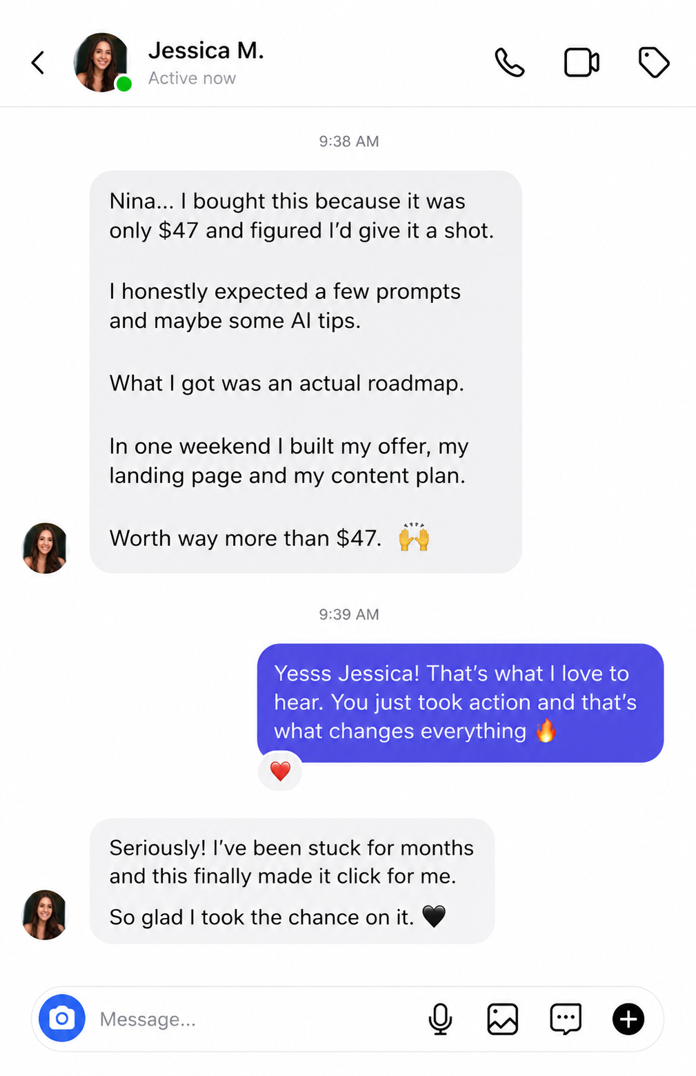 Instagram DM from Jessica M. saying the AI Playbook was worth way more than $47