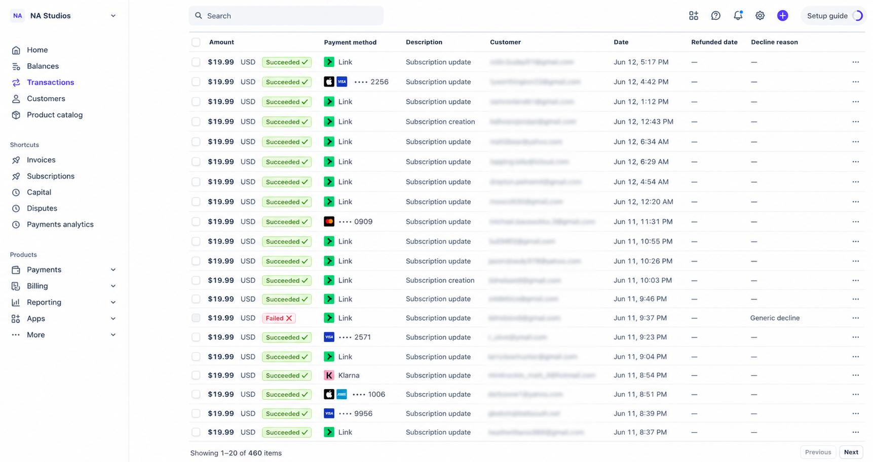 Stripe payments dashboard showing 460+ successful daily transactions from AI Playbook customers
